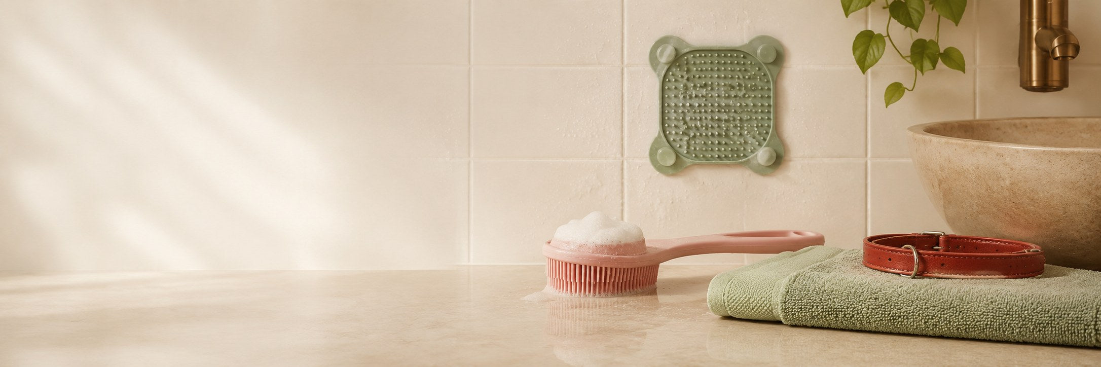 Escova de banho com espuma, tapete lambedor no azulejo, toalha verde e coleira