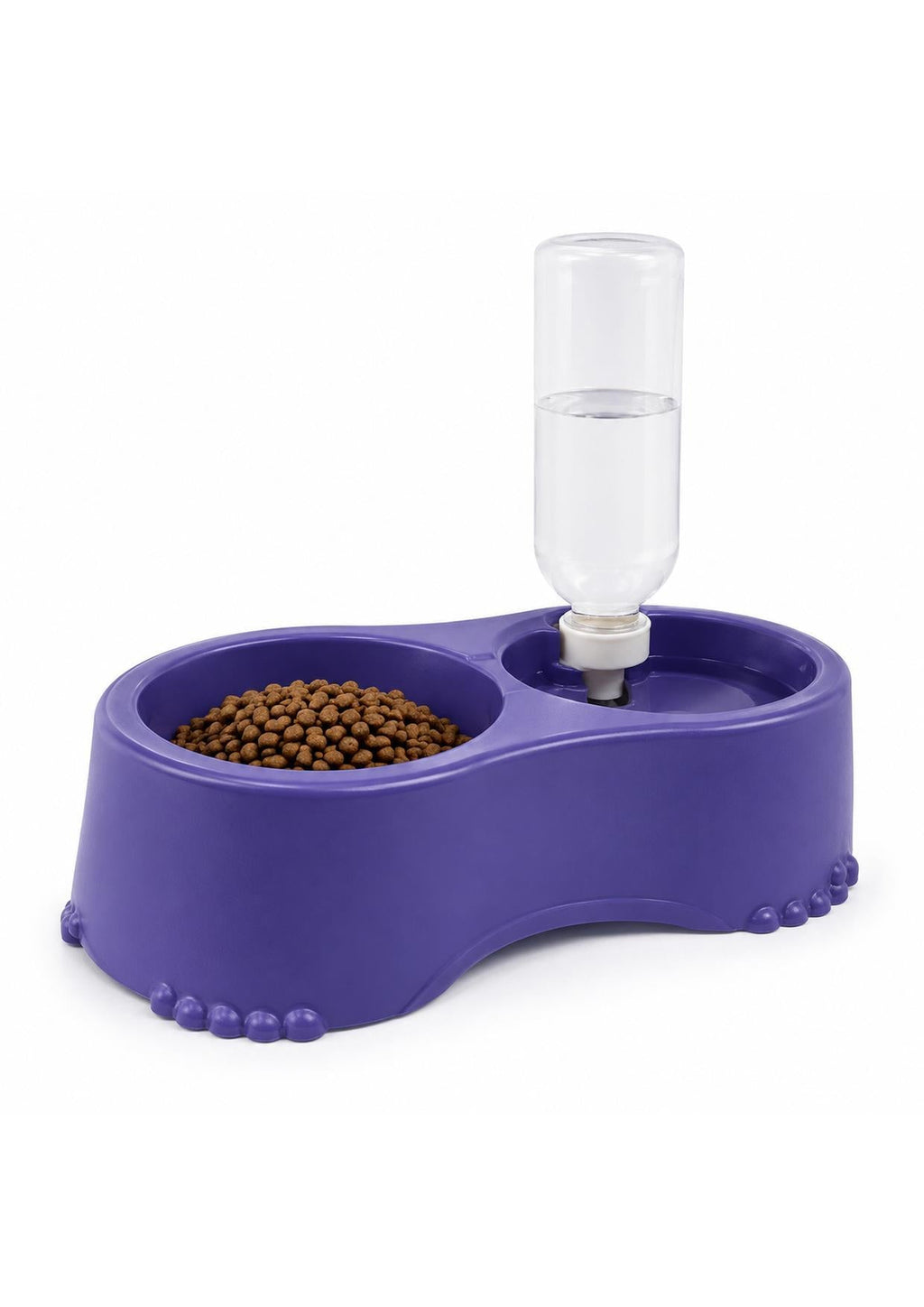 Comedouro elevado roxo com ração e garrafa dispensadora de água automática