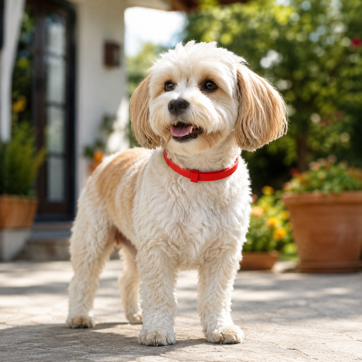 Cachorro em pé no jardim protegido com a coleira antipulgas vermelha