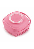 Escova de banho rosa com reservatório de shampoo e cerdas de silicone
