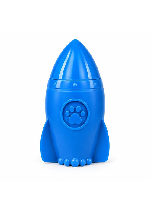 Brinquedo porta-petisco em formato de foguete azul com patinha em relevo