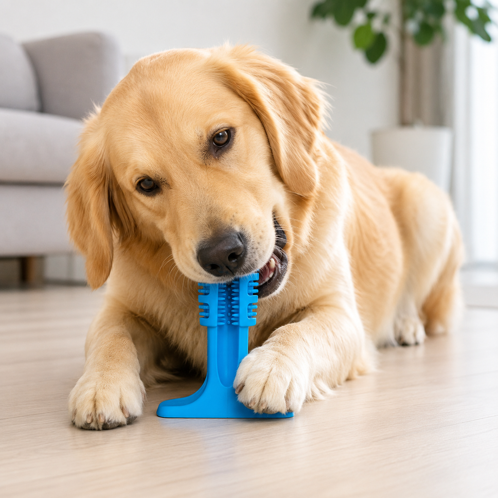 Golden retriever mordendo o brinquedo escova dental segurando com a patinha