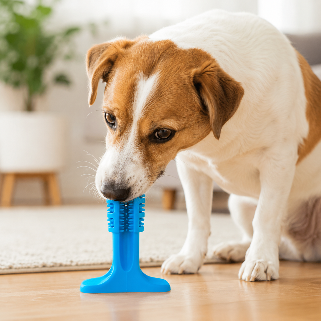 Cachorro se aproximando para morder a escova dental de silicone