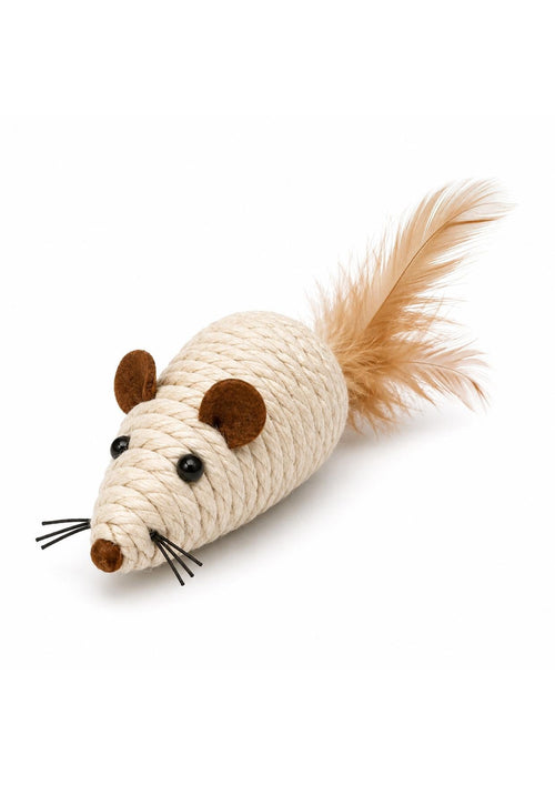 Brinquedo ratinho de sisal natural com cauda de penas e bigodes para gatos