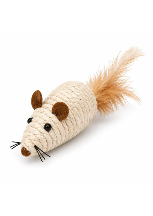 Ratinho de sisal visto de lado mostrando a trama da corda e as orelhas de feltro