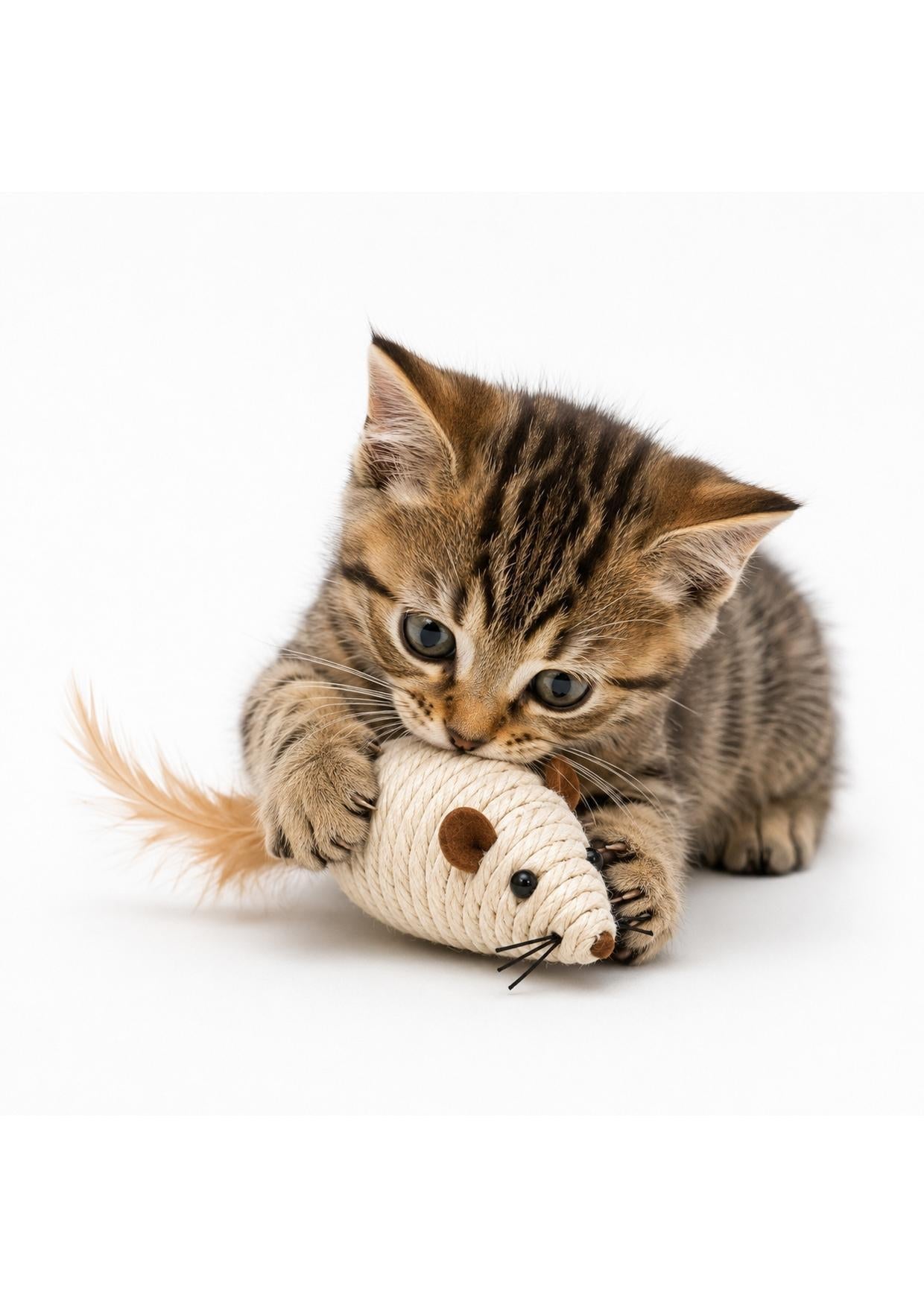 Gatinho filhote abraçando o ratinho de sisal com as patinhas
