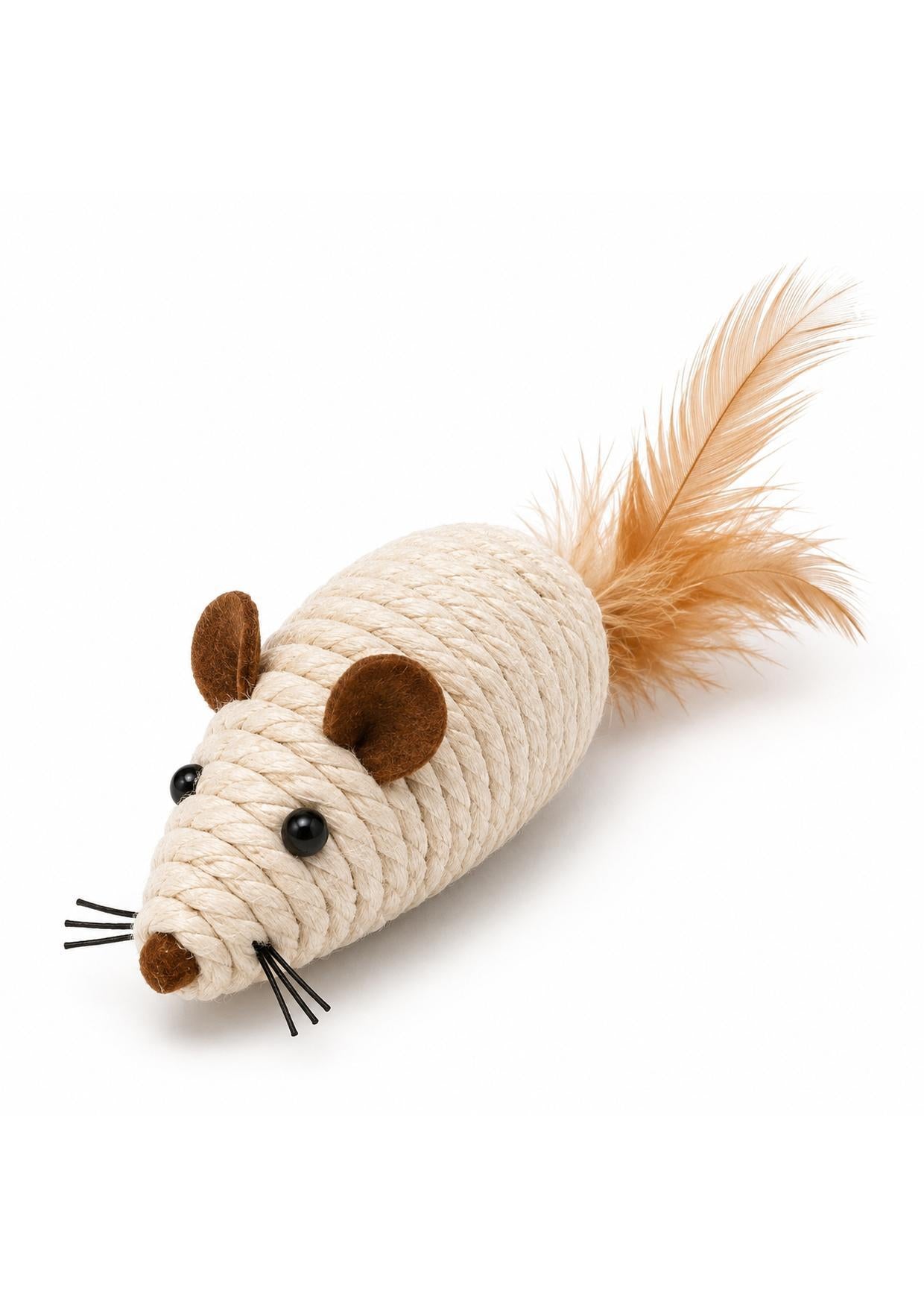 Ratinho de sisal em ângulo mostrando o tamanho compacto do brinquedo