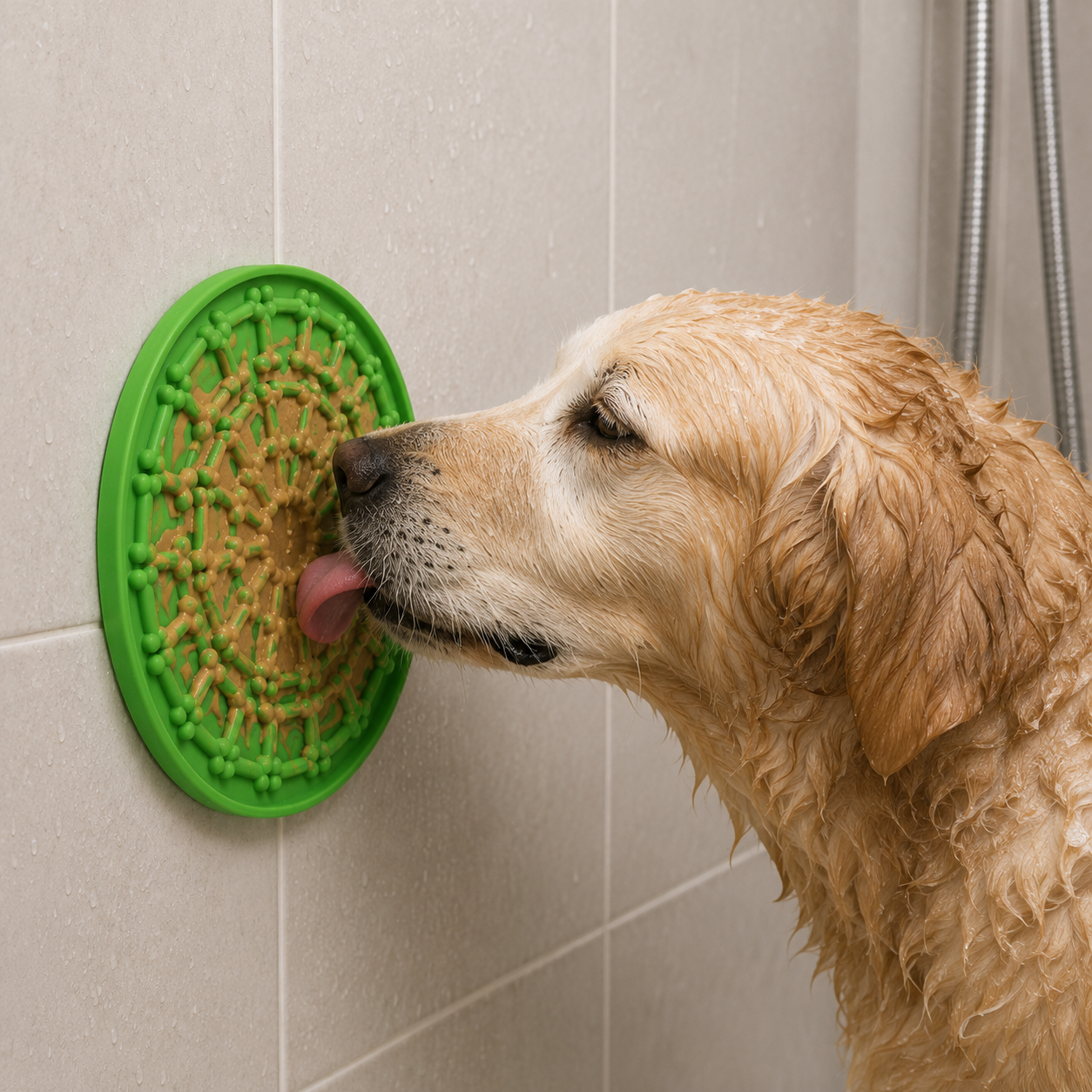 Golden retriever molhado lambendo o tapete grudado no azulejo do box durante o banho